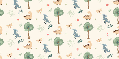 Cute dinosaurs pattern. Jungle dinosaurs animal seamless pattern. Safari dinosaurs and tropical plants. Perfect for fabrics, print, textile, wallpaper, decor.