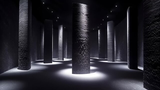 Minimalist dark architecture featuring textured pillars and strategic lighting design