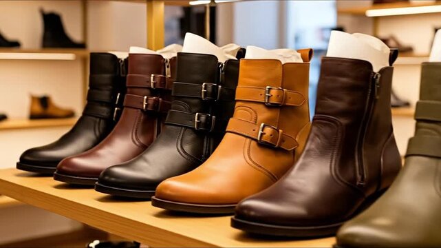 A row of colorful leather boots some with buckles displayed on a light wooden shelf in a retail store setting