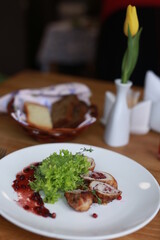 Gourmet Dish with Meat Rolls, Fresh Salad, and Vibrant Berry Sauce