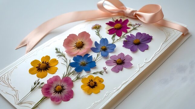 Handmade Pressed Flower Greeting Card Colorful Cosmos & Delicate Floral Design