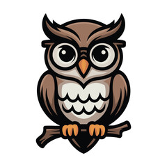 Cute cartoon owl wearing glasses perched on a tree branch illustration