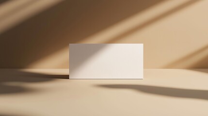 Blank business card mockup on a beige background with sunlight and shadows. Minimalist design for branding.