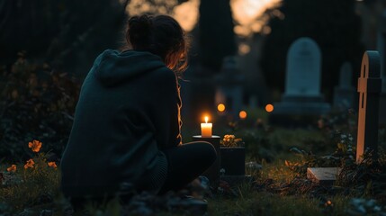Fototapeta premium A woman sits by a flickering candle in a graveyard at dusk, mourning a loss.