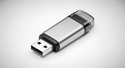 Modern Silver USB Flash Drive on White Background for Data Storage