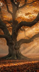 Giant Autumn Oak Tree with Sunbeams and Falling Leaves
