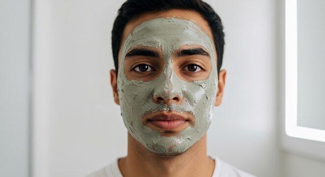 Mans face covered in green clay mask Intense gaze centered against a clean white background