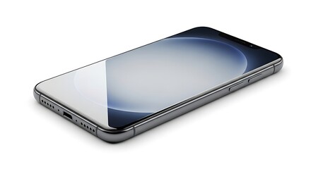 Modern smartphone lying flat on white surface for product presentation