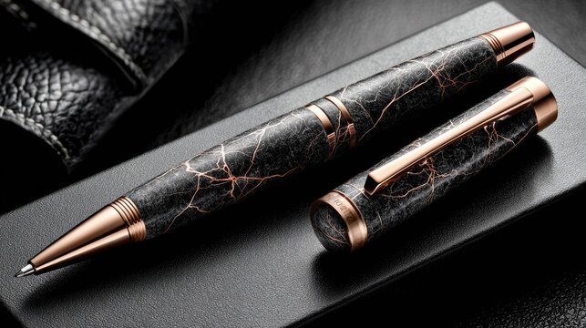 Elegant writing instruments with a dark gray and rose gold design.