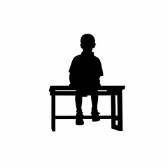 Silhouette of a boy sitting alone on a school bench isolated on white background