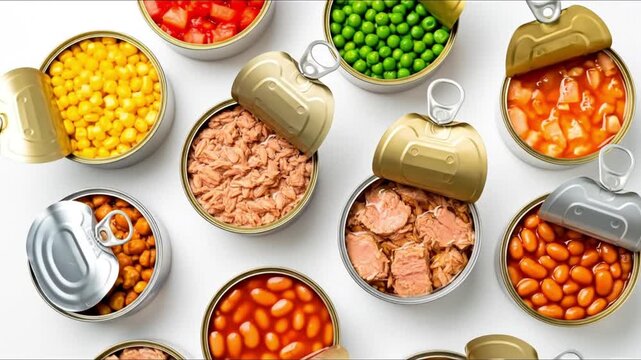 A topdown view of multiple open food cans filled with various ingredients like corn peas tomatoes beans and fish arranged on a white surface