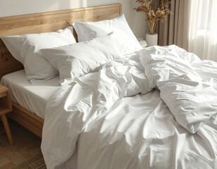 White bed linens in bright bedroom