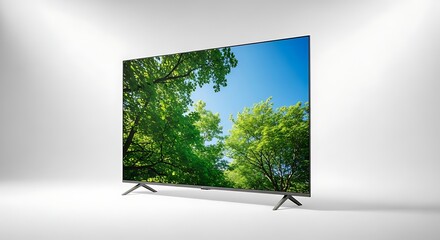 Fototapeta premium Modern television displaying lush green forest landscape against a clear blue sky