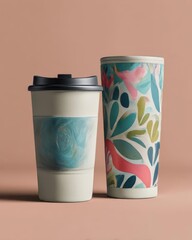 Artistic Reusable Coffee Cups on Neutral Background