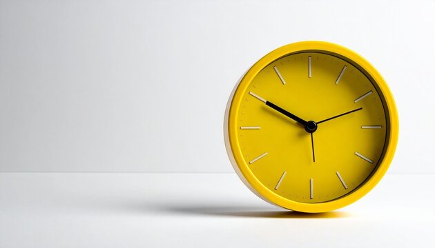 "Minimalist yellow analog clock with white hour markers, tilted slightly on a clean white background, showing time around 9:10:20."