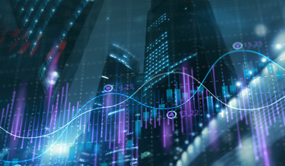 Fototapeta premium Stock market business concept. Financial graphs and digital indicators with modern city background