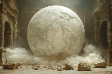 Large sphere amid heavy smoke in a room