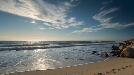 Fototapeta premium Serene Coastal Sunset Ocean Waves, Sandy Beach, and Dramatic Sky