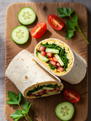Top-down view of a healthy hummus wrap filled with cucumber, tomato, and fresh parsley, placed on a rustic wooden board and photographed in natural daylight for authentic food styling.