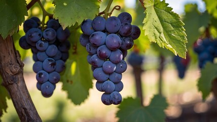 Fototapeta premium Ripe Red Grapes Hanging on the Vine in a Lush Vineyard