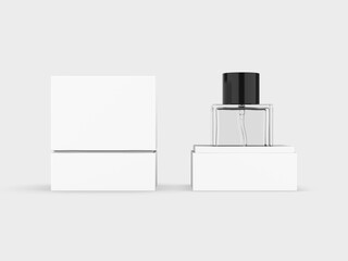 A clear glass perfume bottle with Box and black cap, standing on a light-colored surface with shadows. Illustrator Vector. 