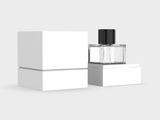 A clear glass perfume bottle with Box and black cap, standing on a light-colored surface with shadows. Illustrator Vector. 