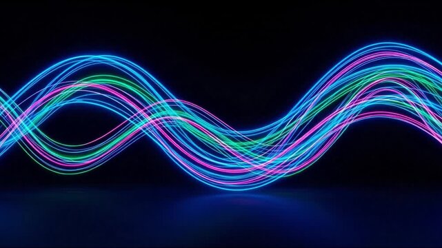 Abstract image featuring multiple glowing neoncolored wavy lines in blue pink and green against a dark background with a subtle reflective surface below