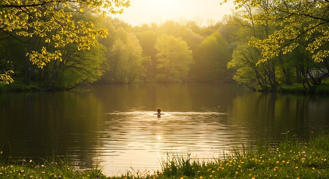 Serene Lake with a Lone Swimmer at Sunrise.
