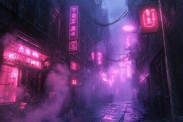 Man in hooded jacket running in dark alley with neon signs and smoke.