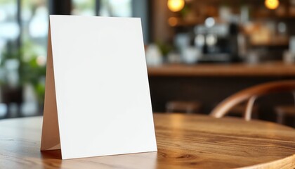 Blank white table tent card stands on a wooden table in a blurred cafe setting.