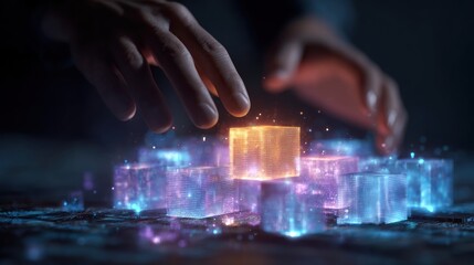 Mysterious Genesis: A pair of hands, bathed in soft light, delicately interact with a glowing cube amidst a collection of translucent, energy-charged structures, symbolizing creation, innovation.
