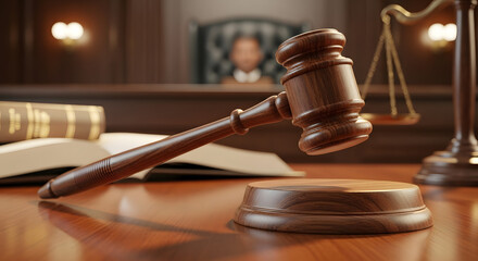 Judicial Gavel on Wooden Desk in Courtroom Setting
