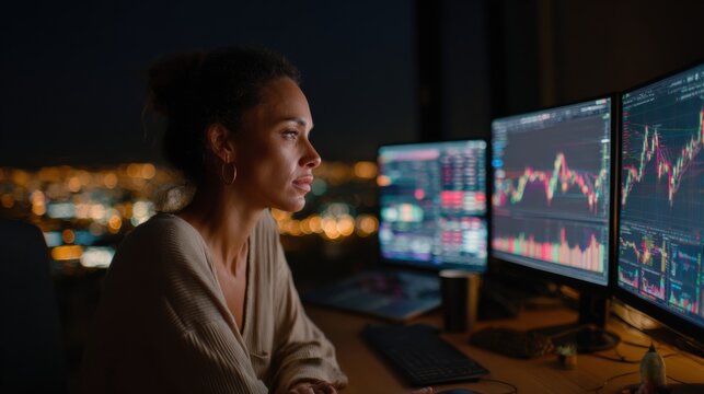 Nighttime Financial Analyst: A dedicated financial analyst diligently monitors real-time market data on multiple computer screens, illuminated by the glow of the cityscape at night.