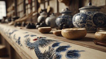 Fototapeta premium A serene still life depicts traditional ceramic vessels and wooden bowls arranged on a rustic table adorned with an intricately embroidered textile runner, evoking a sense of calm and cultural