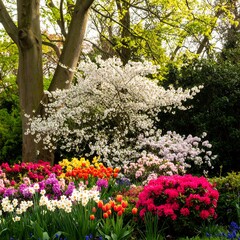 Obraz premium Spring garden display of colorful flowers and trees