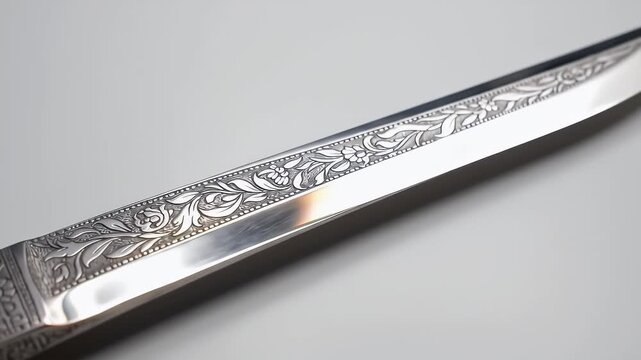Close Up of Silver Dagger with Engraved Blade and Wood Handle on Grey Backdrop