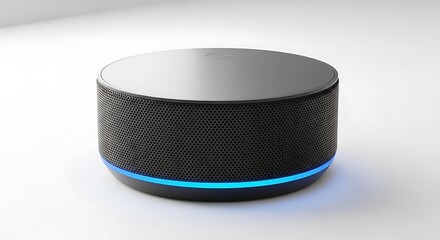 Smart speaker with blue light on a white background product photography