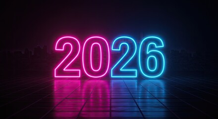 Neon 2026: Futuristic Glowing Numbers on Reflective Surface