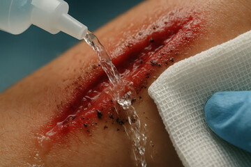 Macro shot of a bleeding wound being cleaned with antiseptic solution and sterile gauze, demonstrating proper first aid and wound care procedure.