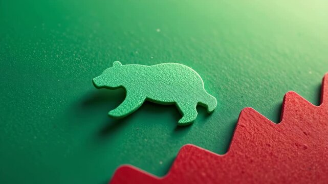Green bear figure on textured surface with red zigzag shape symbolizing market trends and financial concepts featuring shadow and light effects as powerful symbol