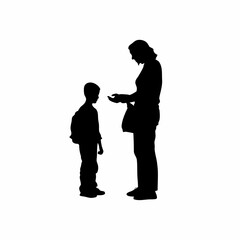 Silhouette of a boy talking to a social worker about family crisis isolated on white background