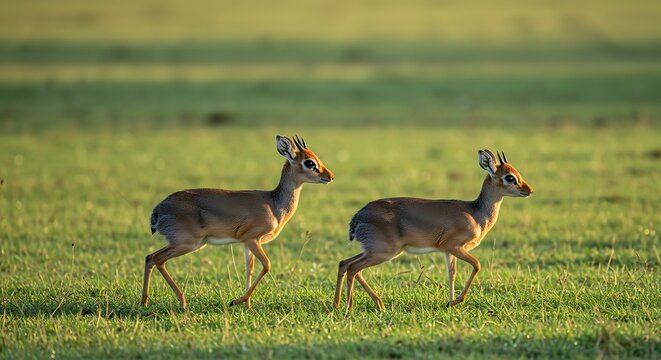 Two small antelopes walking across a sunlit grassy field.