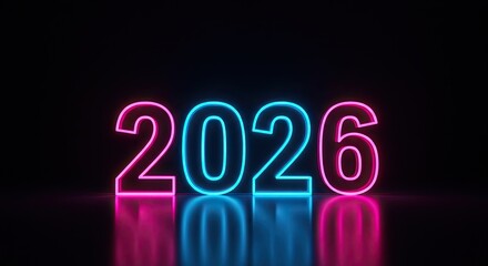 Neon 2026: Futuristic Glowing Numbers on Reflective Surface, Dark Background.
