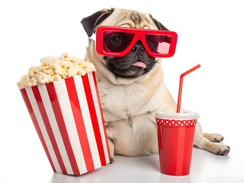 Adorable pug dog wearing red 3d glasses ready for a movie night with popcorn and soda - Powered by Adobe