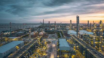 Panoramic view of a large petrochemical industrial zone with a sea-crossing bridge in the background at dusk, a modern manufacturing base.