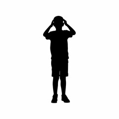 Fototapeta premium Silhouette of a boy thinking with hands on head isolated on white background