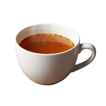 Photo of a steaming cup of hot broth, likely consomm or bouillon, served in a white ceramic mug with a handle, isolated on a transparent background
