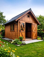 Wooden garden shed in a yard