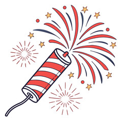 Illustration of a festive firecracker with red and white stripes, surrounded by bursts of red, blue, and yellow fireworks and stars celebration and fun