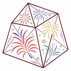 Vector art of a vibrant line art illustration showcasing a geometric terrarium filled with colorful fireworks, ideal for celebratory themes and artistic compositions